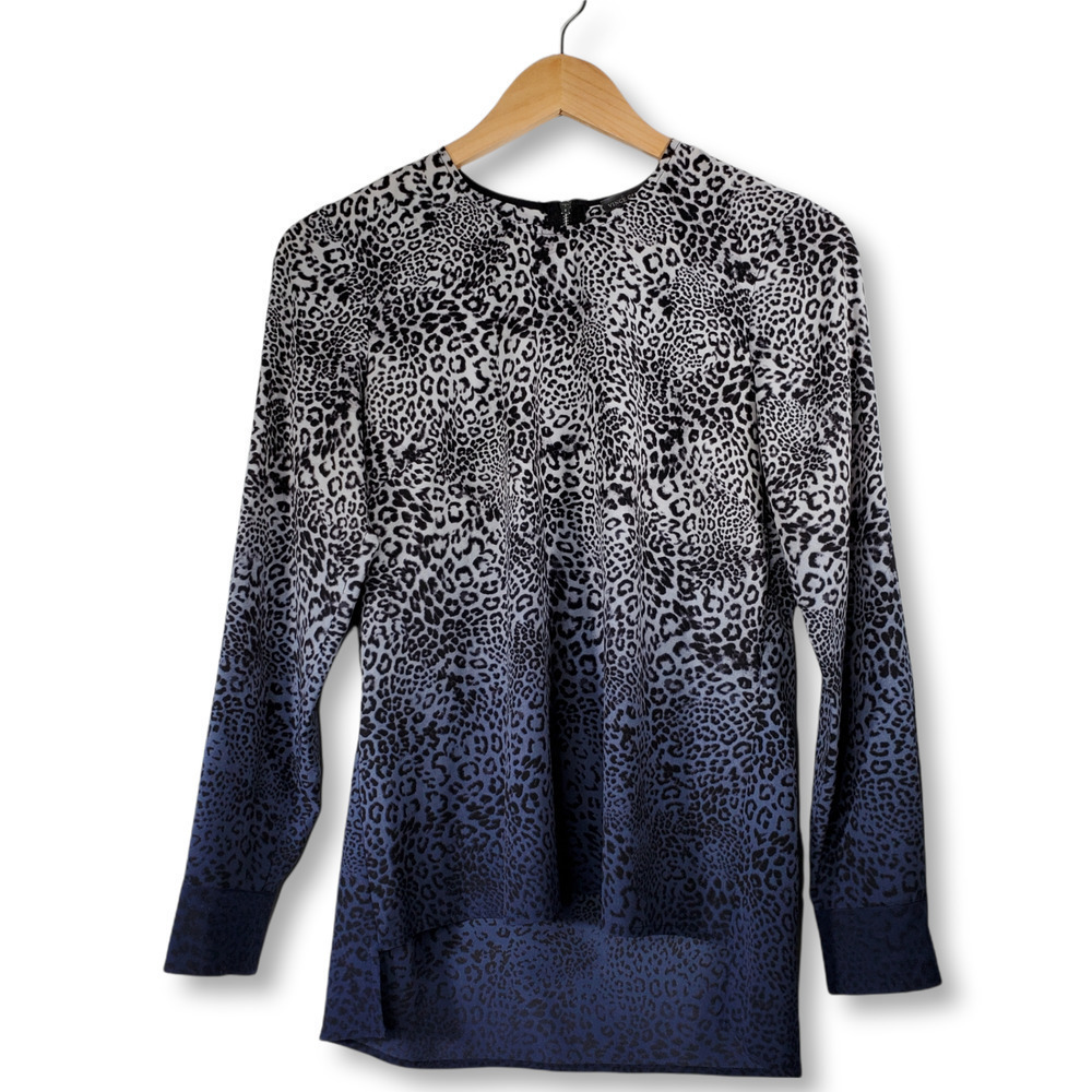 Vince Camuto Ombre Leopard Print High Low Long Sleeve Blouse Blue Size XS